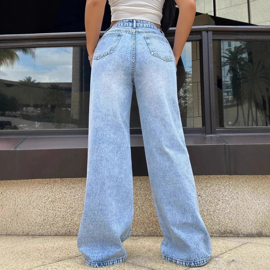 Ripped Washed Loose Straight Wide Leg Jeans by GJG Denim