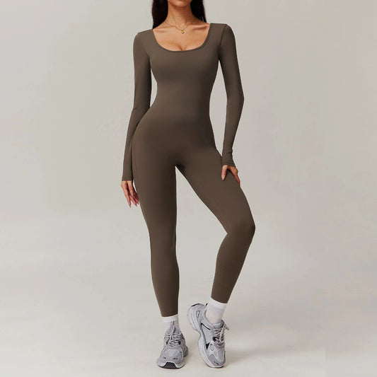 Long Sleeve Yoga Jumpsuit Back Pockets Scrunch bottom Backless by GJG Denim