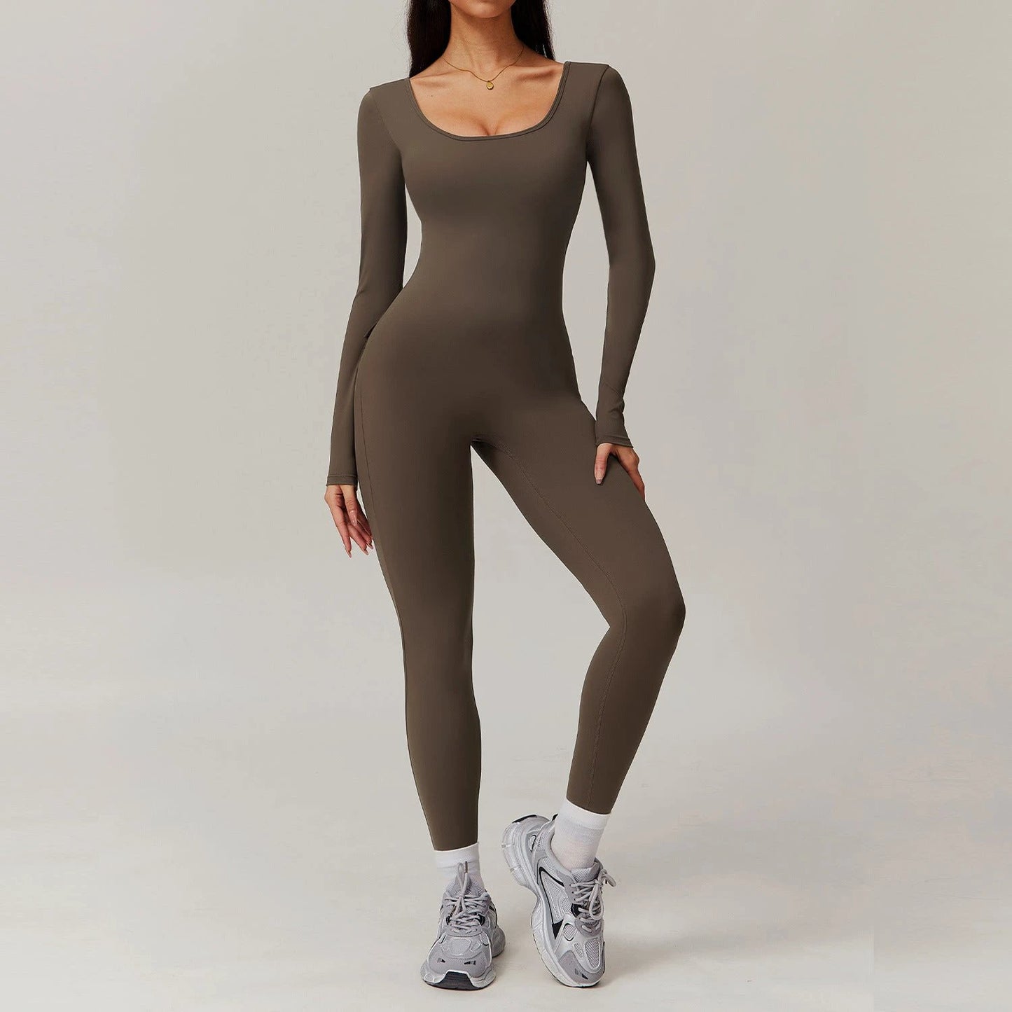 Long Sleeve Yoga Jumpsuit Back Pockets Scrunch bottom Backless by GJG Denim