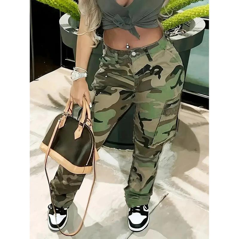 Plus Size Camouflage Jeans High Waist Multi-pocket Straight-leg Pants by GJG Denim