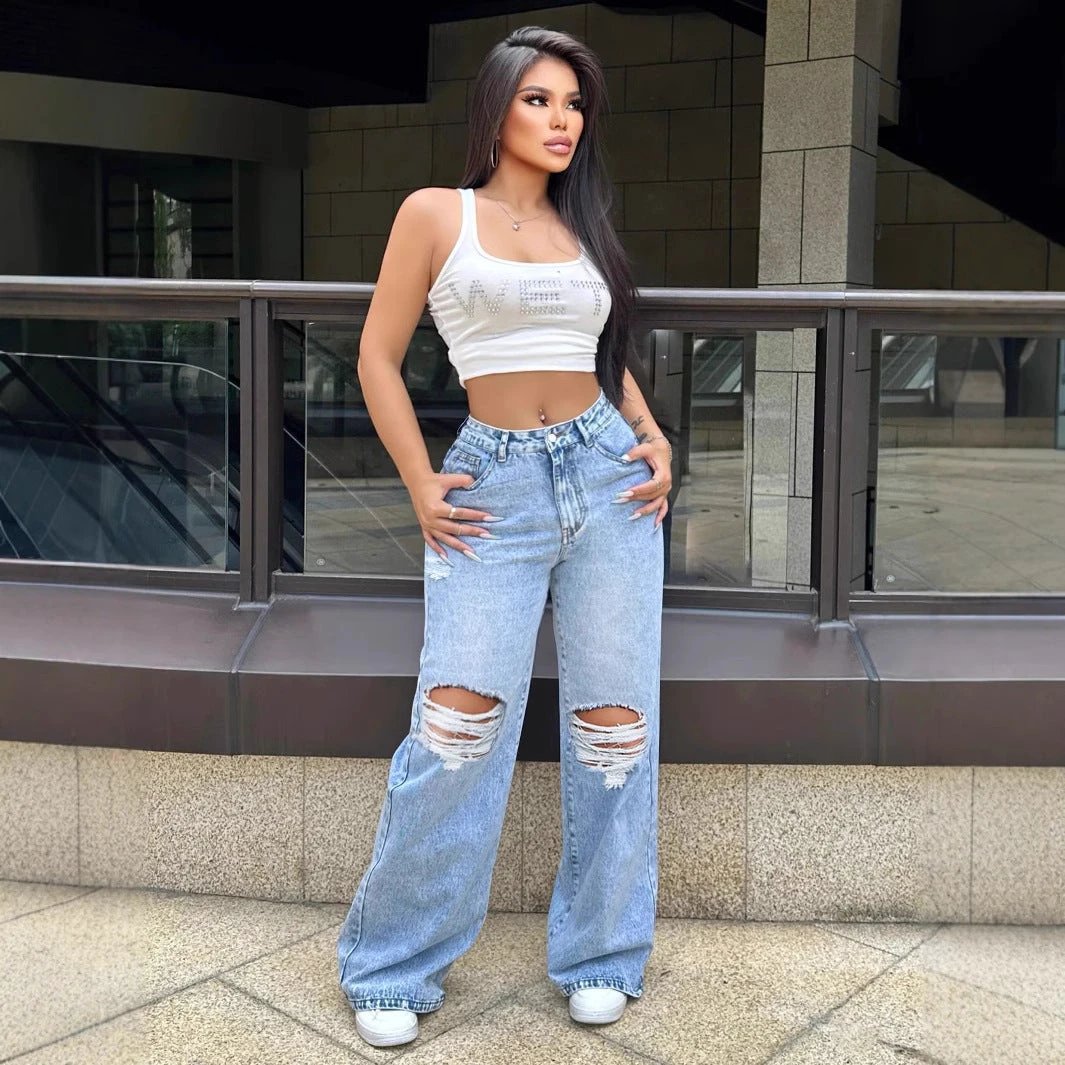 Ripped Washed Loose Straight Wide Leg Jeans by GJG Denim