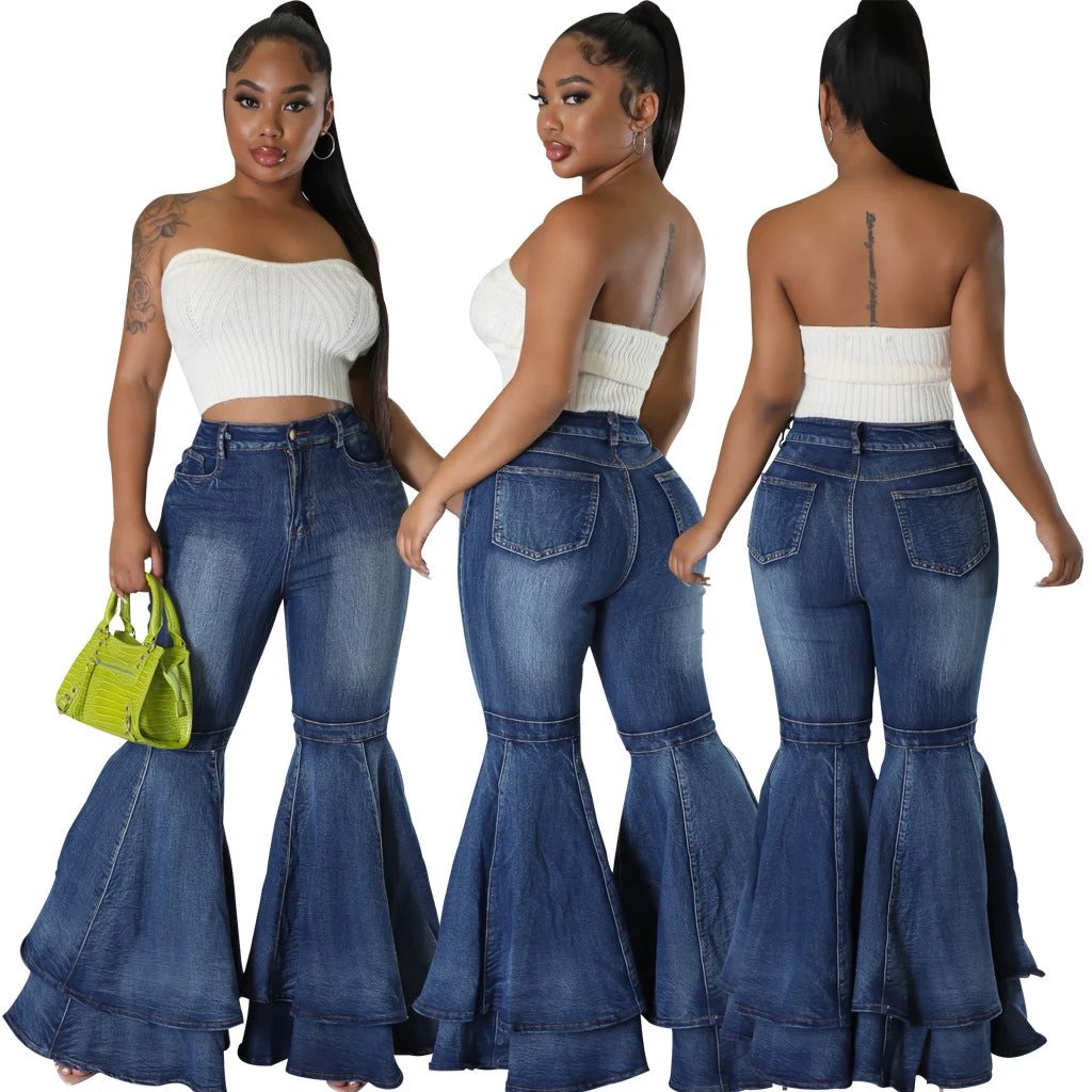 Wide Leg Denim Stretch Flared Pants by GJG Denim