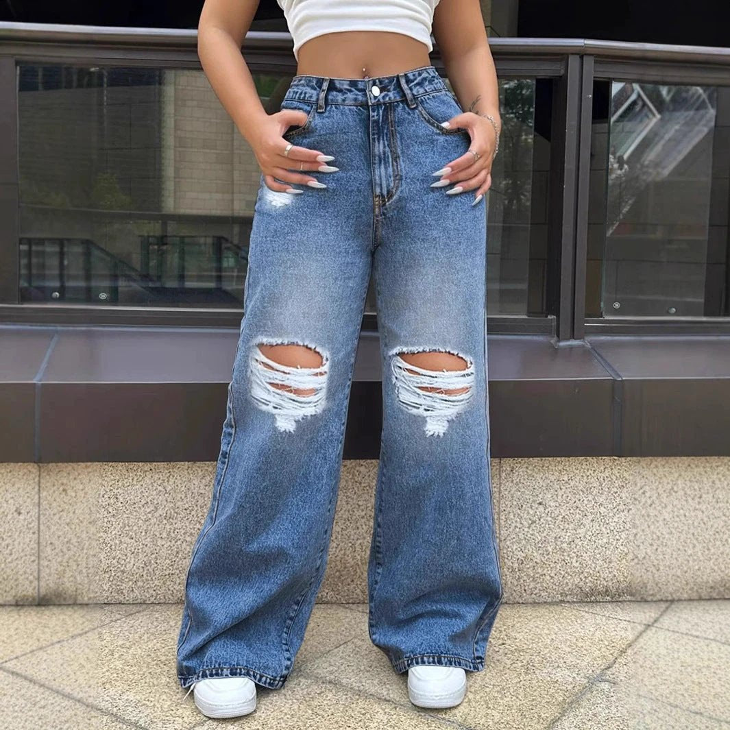 Ripped Washed Loose Straight Wide Leg Jeans by GJG Denim
