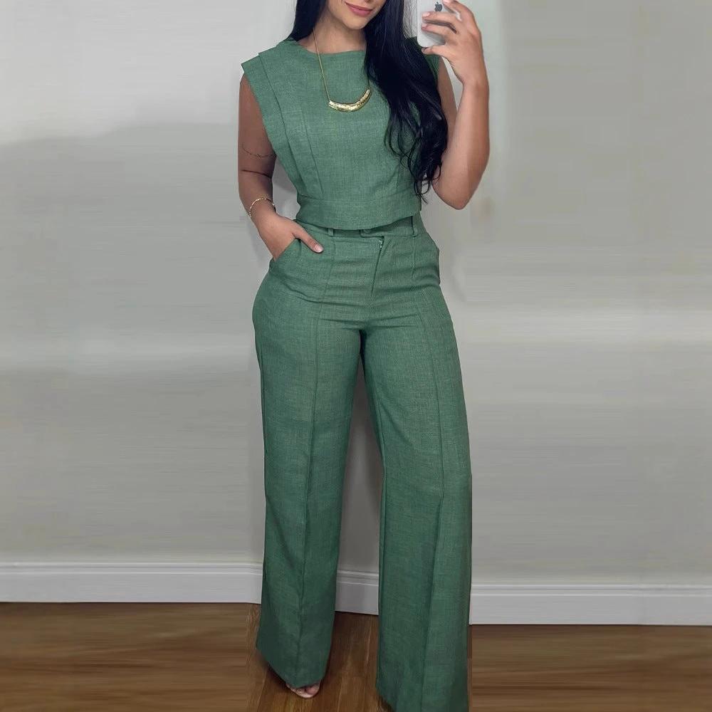 Summer Sleeveless Suit Fashion Round Neck Vest Top And Pocket Straight Pants Casual Trousers Set For Women Clothing by GJG Denim