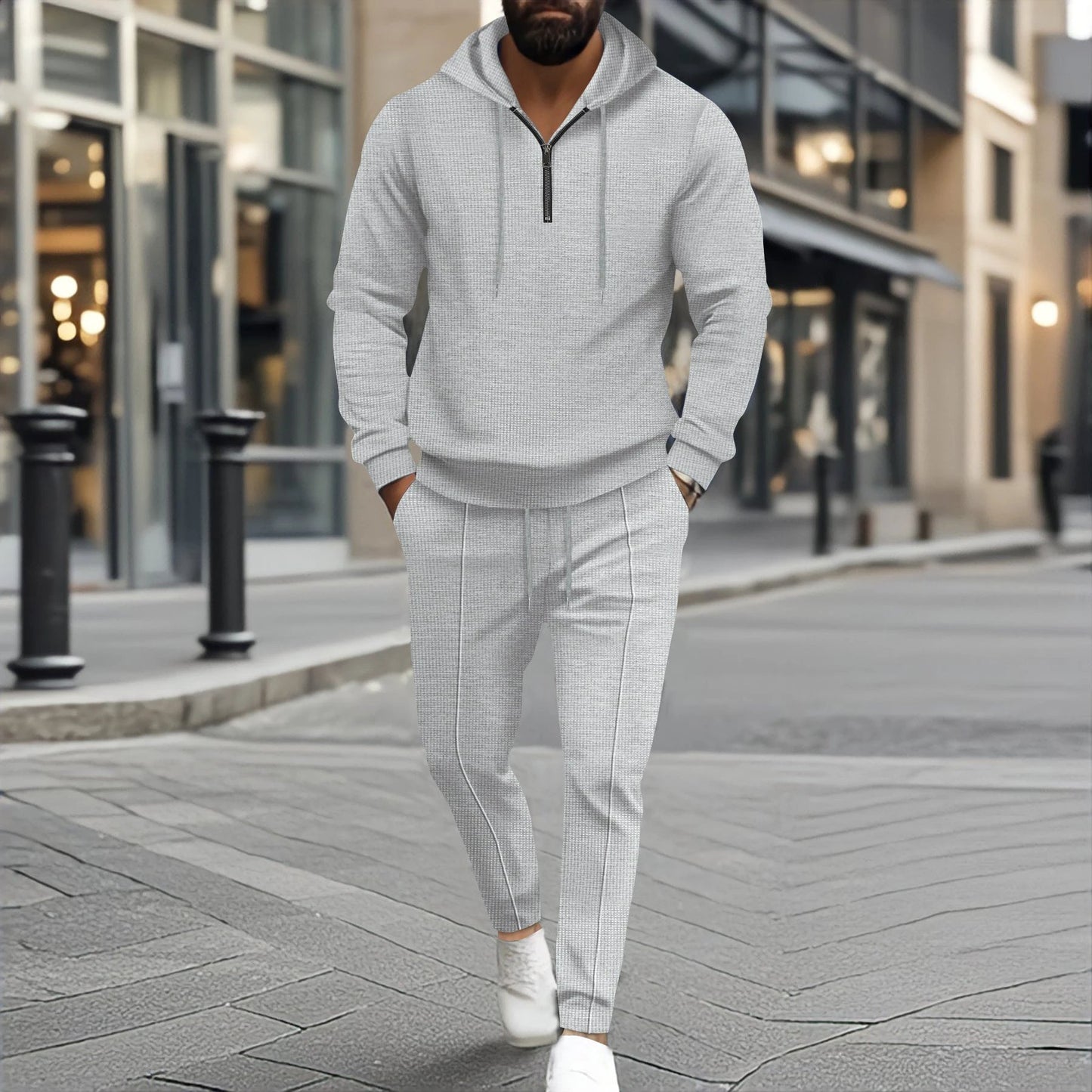 Waffle Hooded Small Zipper Casual Long Sleeve Pants Two-piece Suit by GJG Denim