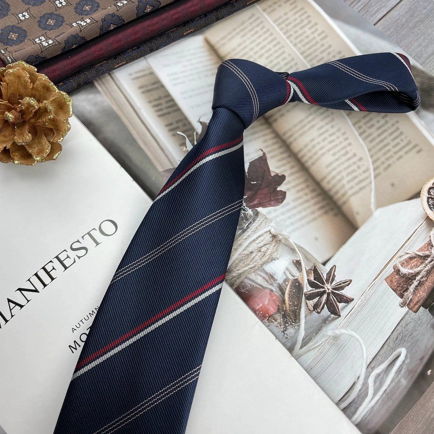 Men's Ties Retro Coffee Color Orange Red Striped Tie Hand Hit 8CM by GJG Denim
