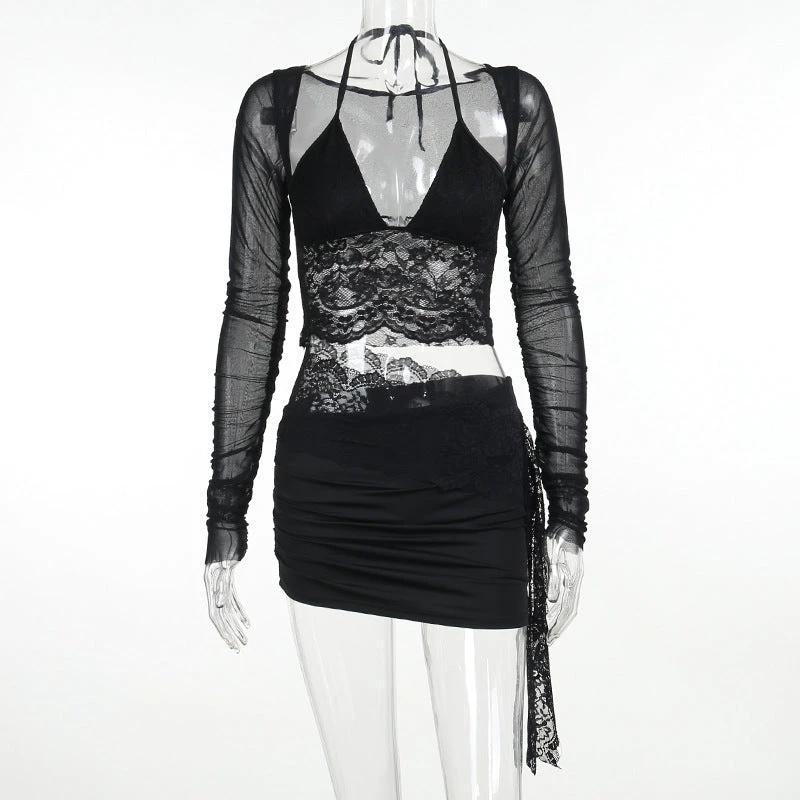 V-neck Lace Mesh Long Sleeve Cover and Cami Skirt Set by GJG Denim