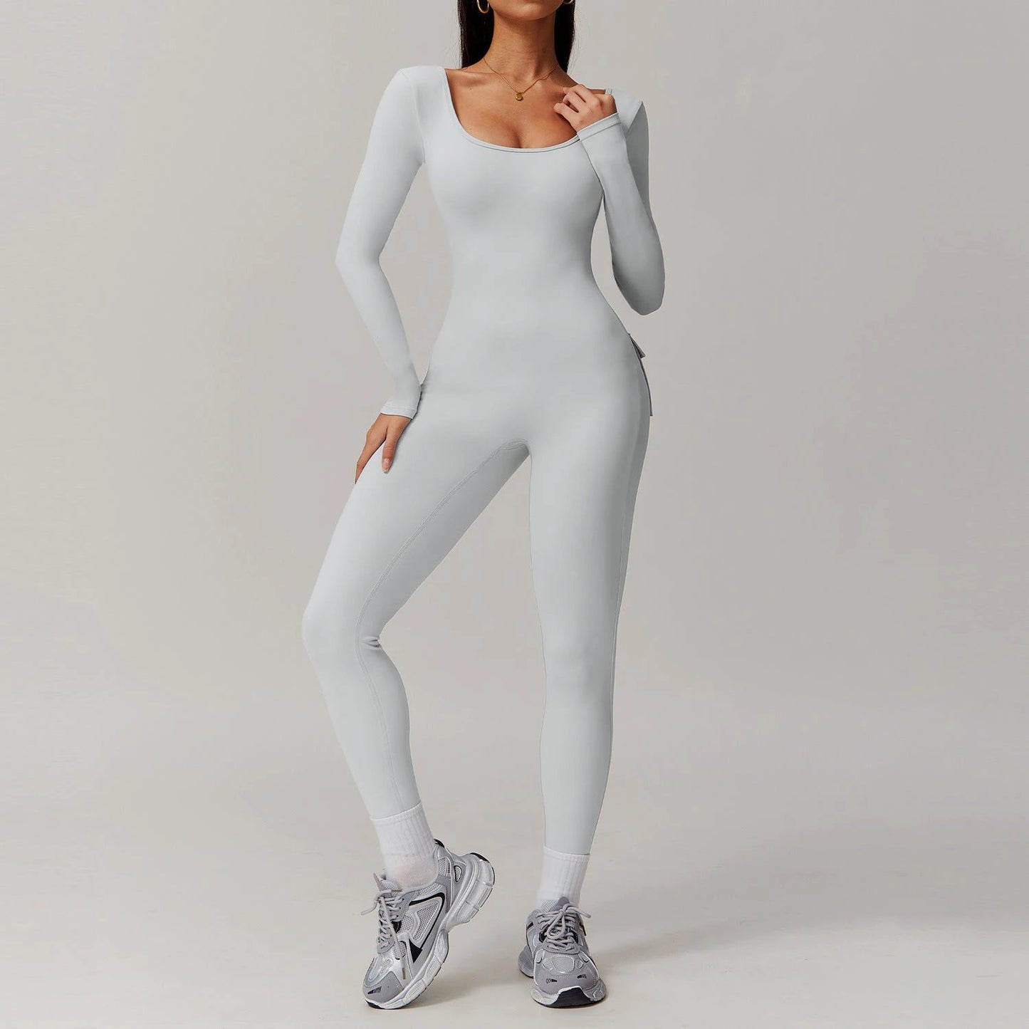 Long Sleeve Yoga Jumpsuit Back Pockets Scrunch bottom Backless by GJG Denim