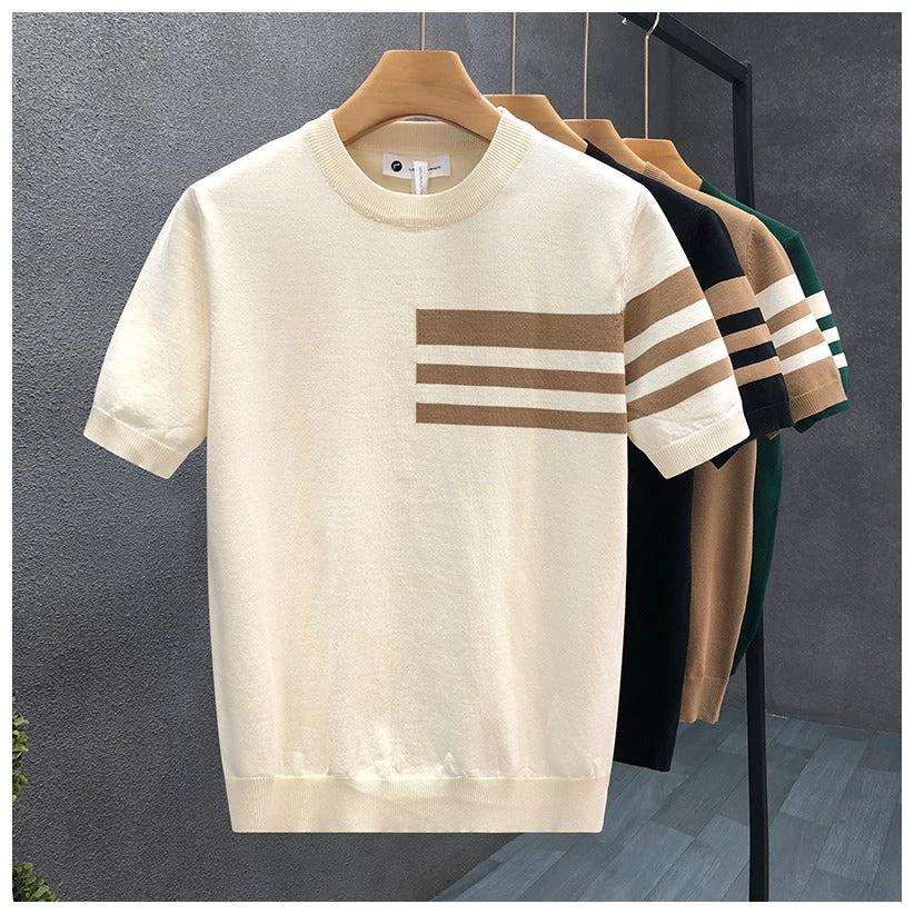 Trendy All-match Round Neck Knitted Short Sleeve Contrast Color Thin T-shirt by GJG Denim