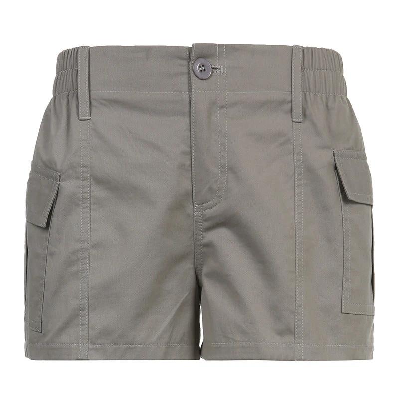 Leisure Cargo Woven Pants Elastic Waist Button Asymmetric Pocket Solid Color Low Waist Shorts by GJG Denim