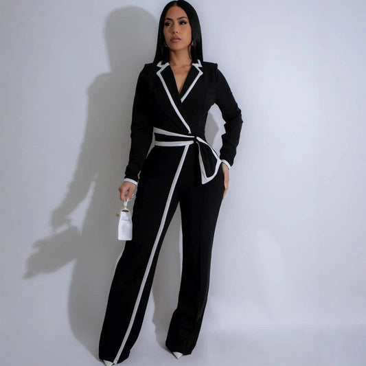 Fashion Belt Design Dual-color Patchwork Long Sleeve Jumpsuit by GJG Denim