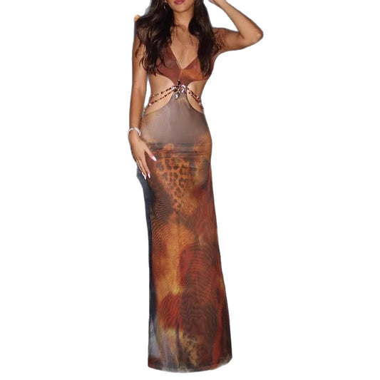 Elegant Hollow Sides Leopard Print Backless Dress by GJG Denim