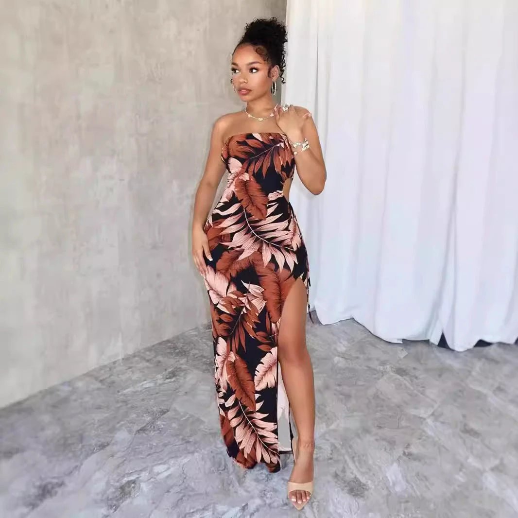 Strapless Flower Print High Slit Long Dress by GJG Denim