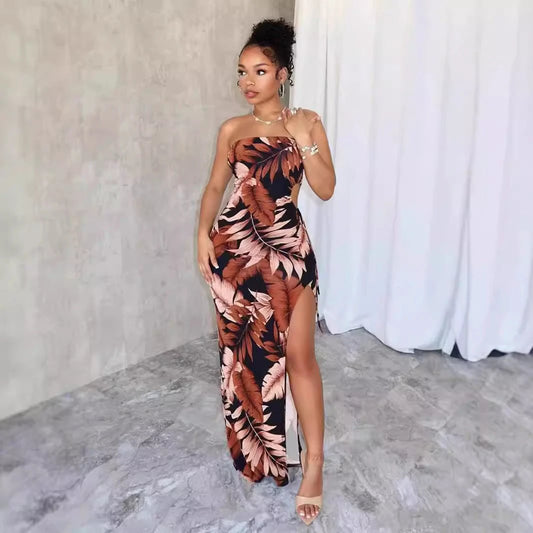 Strapless Flower Print High Slit Long Dress by GJG Denim