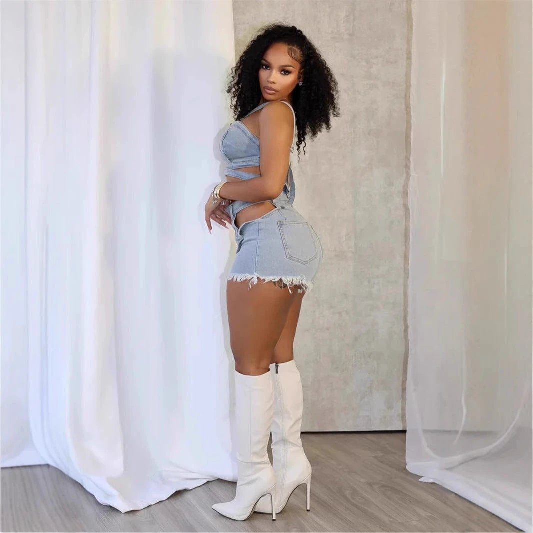 Washed Elastic Denim Casual Vest Shorts Set by GJG Denim