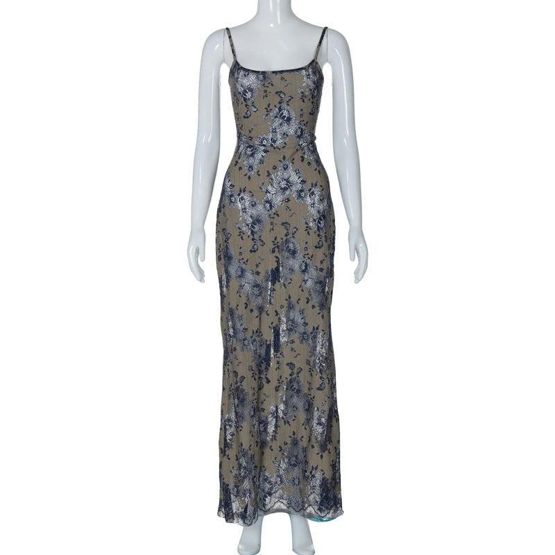 Fashion Dyed Printing Stitching Hollow Back Strap Elegant Style Long Dress Women by GJG Denim