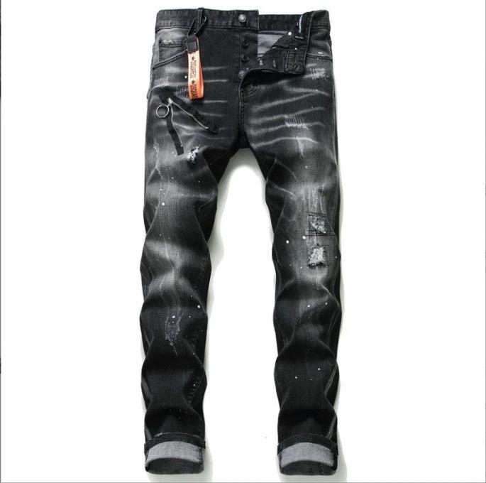 Men's Black And Gray Paint Hole Zipper Decorations Jeans by GJG Denim