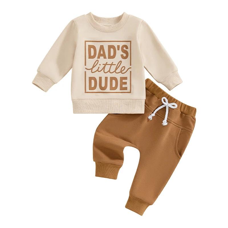 Boys' Letter Printed Long-sleeved Pullover Sweater Solid Color Trousers Two-piece Set by GJG Denim
