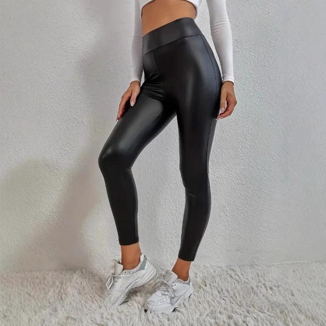 Slim Fit Hip Raise Leather Pants Thin Velvet Outdoor Casual Leggings by GJG Denim