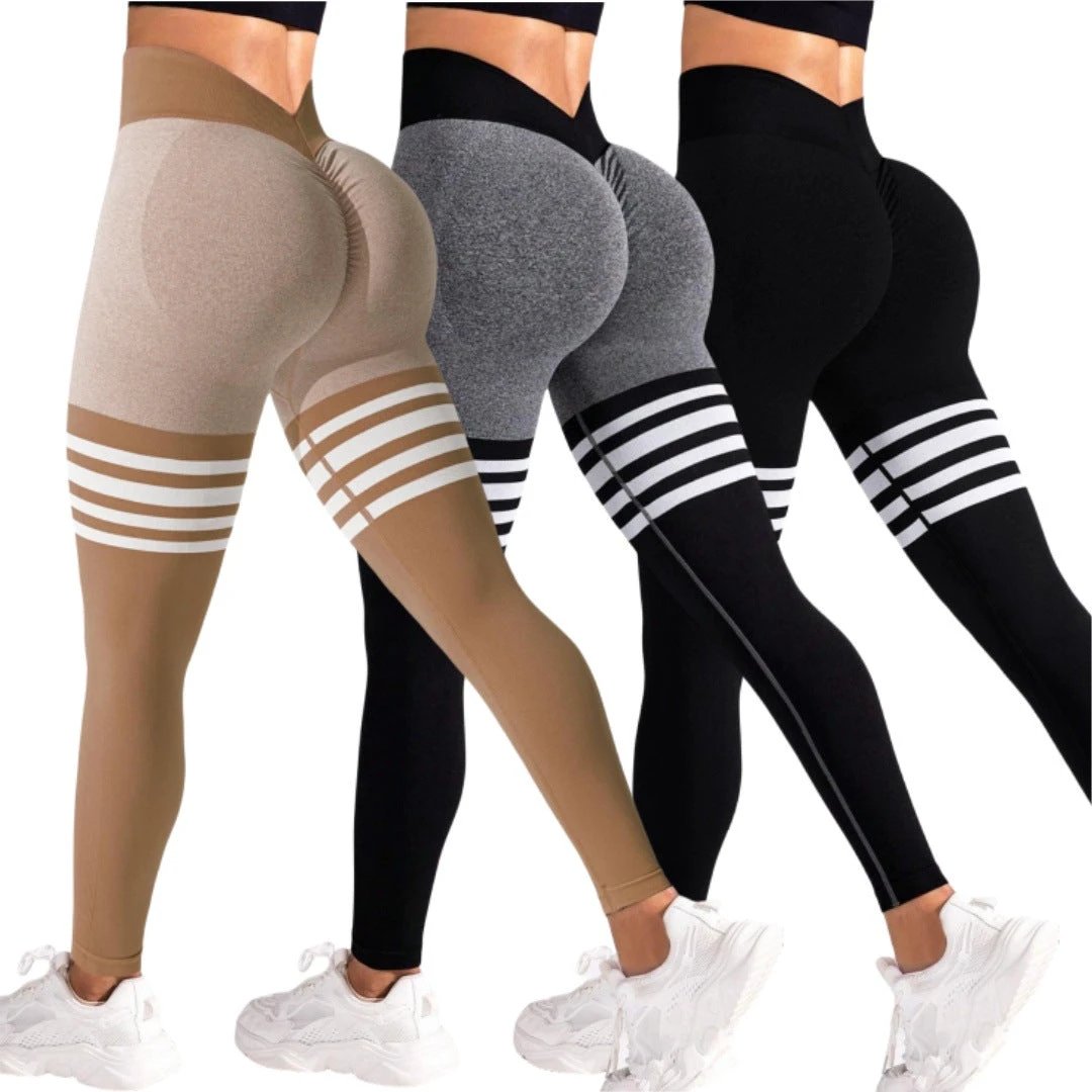 Striped Outdoor Sports Tights High Waist Hip Lift Running Exercise Workout Pants by GJG Denim