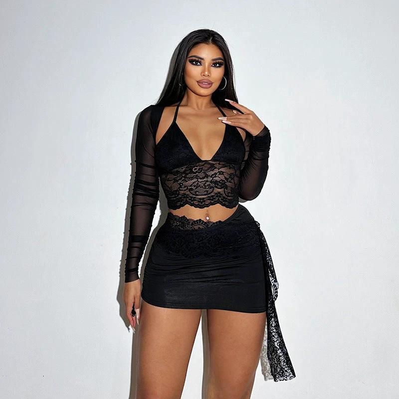 V-neck Lace Mesh Long Sleeve Cover and Cami Skirt Set by GJG Denim