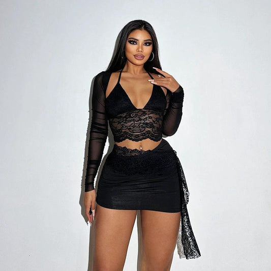 V-neck Lace Mesh Long Sleeve Cover and Cami Skirt Set by GJG Denim