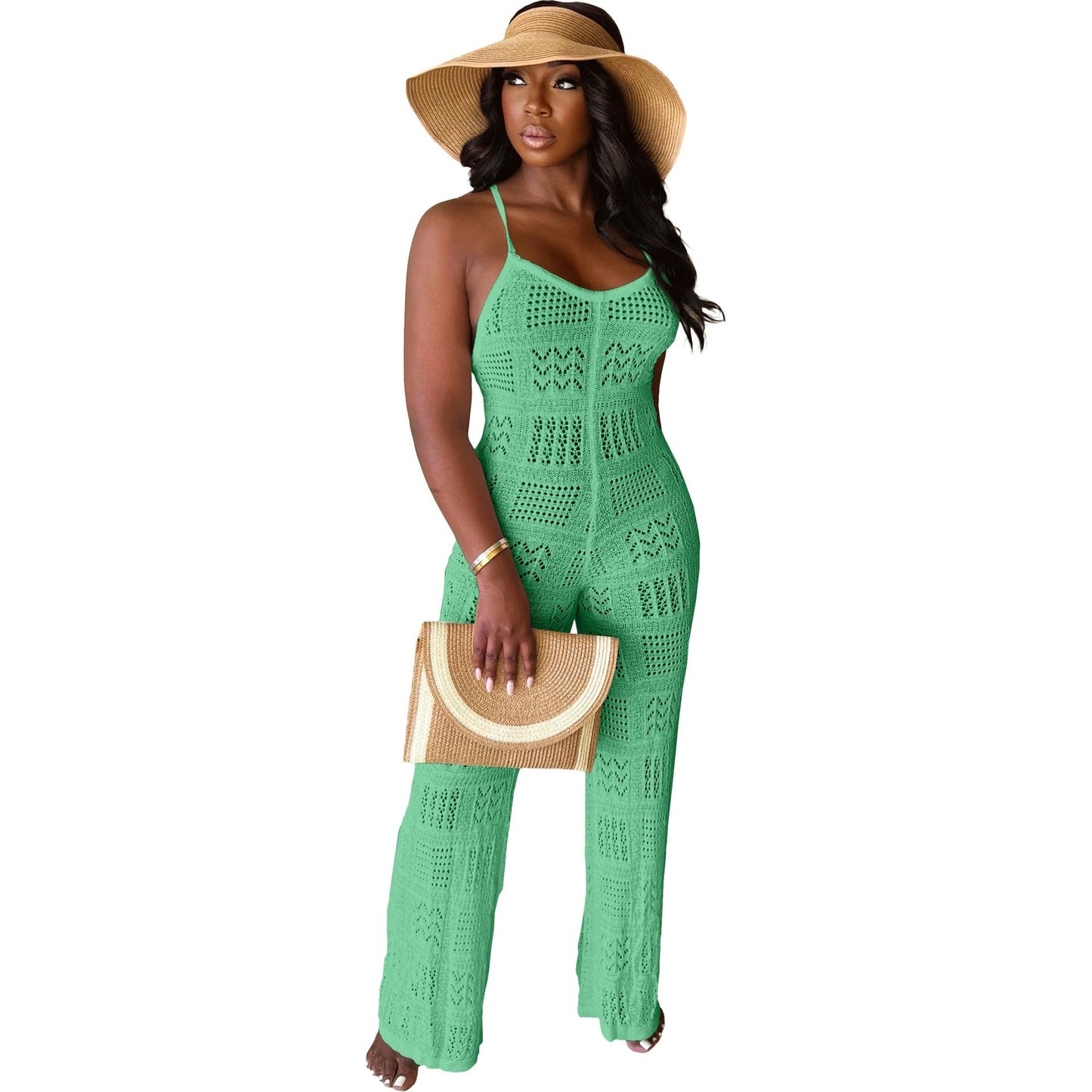 Woolen Knitted Sexy Sling Geometric Hollow-out Jumpsuit by GJG Denim