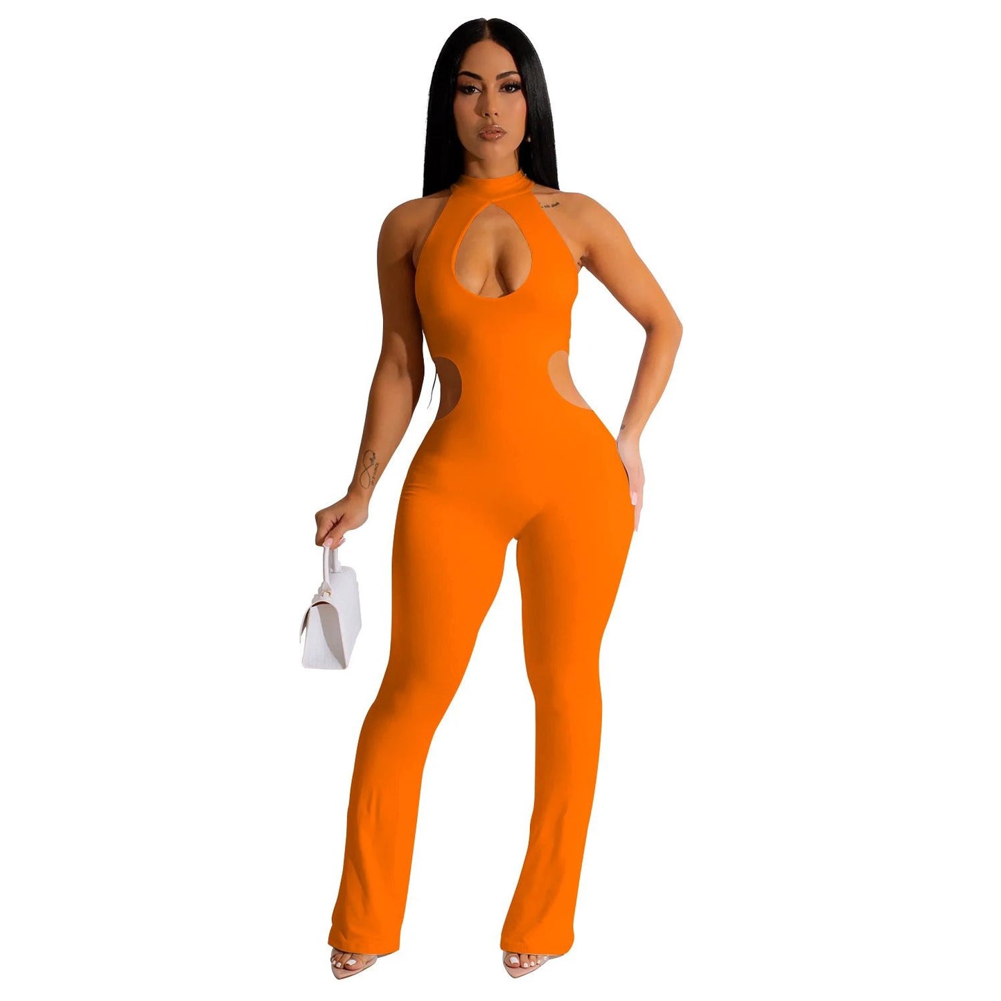 Women's Solid Color Sexy Halter Hollow-out Jumpsuit by GJG Denim