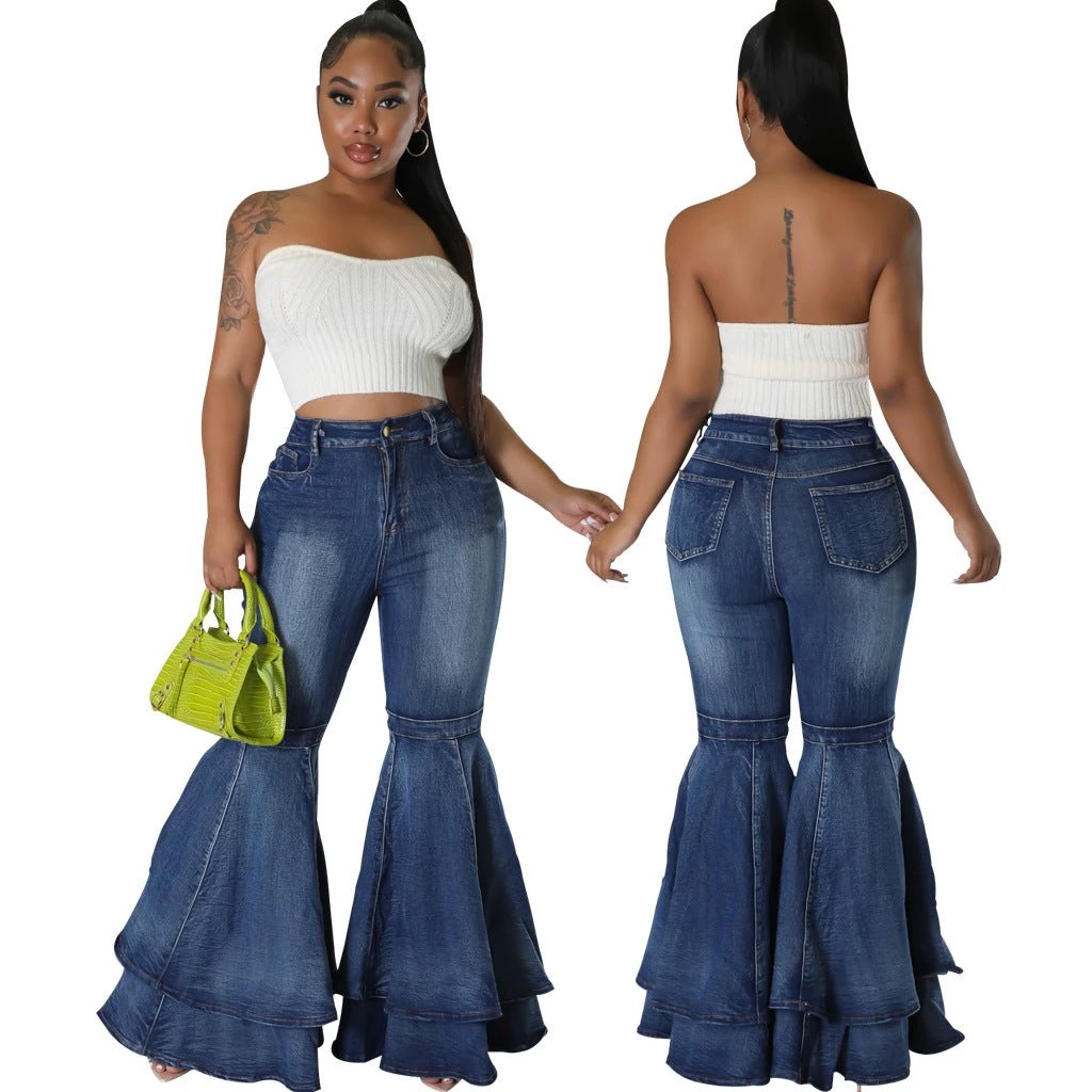 Wide Leg Denim Stretch Flared Pants by GJG Denim