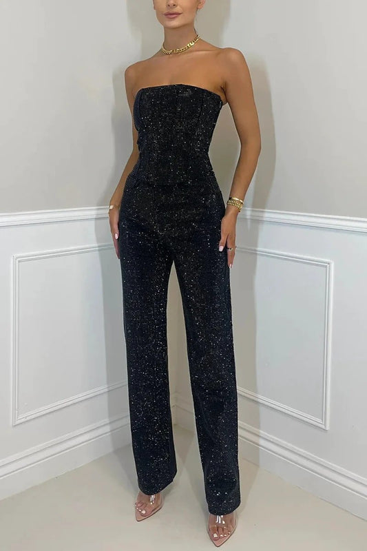Sexy Off-the-shoulder Shiny Vest Diamond Trousers Suit by Vain