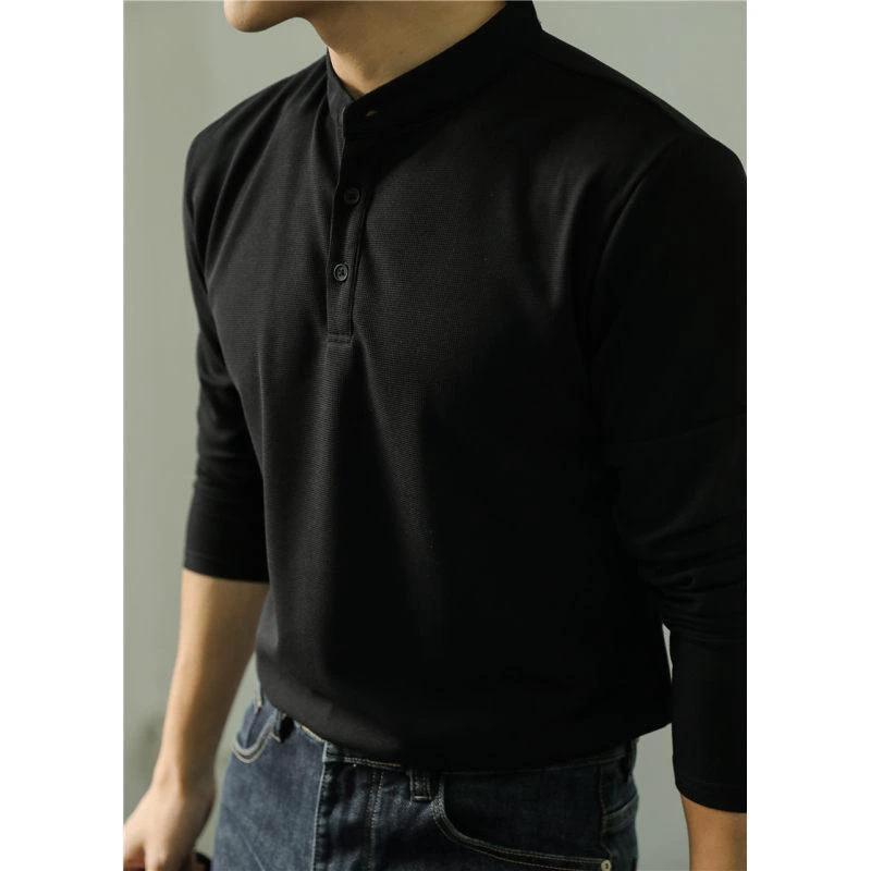 Men's Long Sleeve Polo Simple Solid Color Shirt by GJG Denim