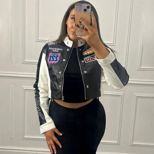 Women's Cropped Printed Long Sleeve Baseball Uniform Coat by GJG Denim