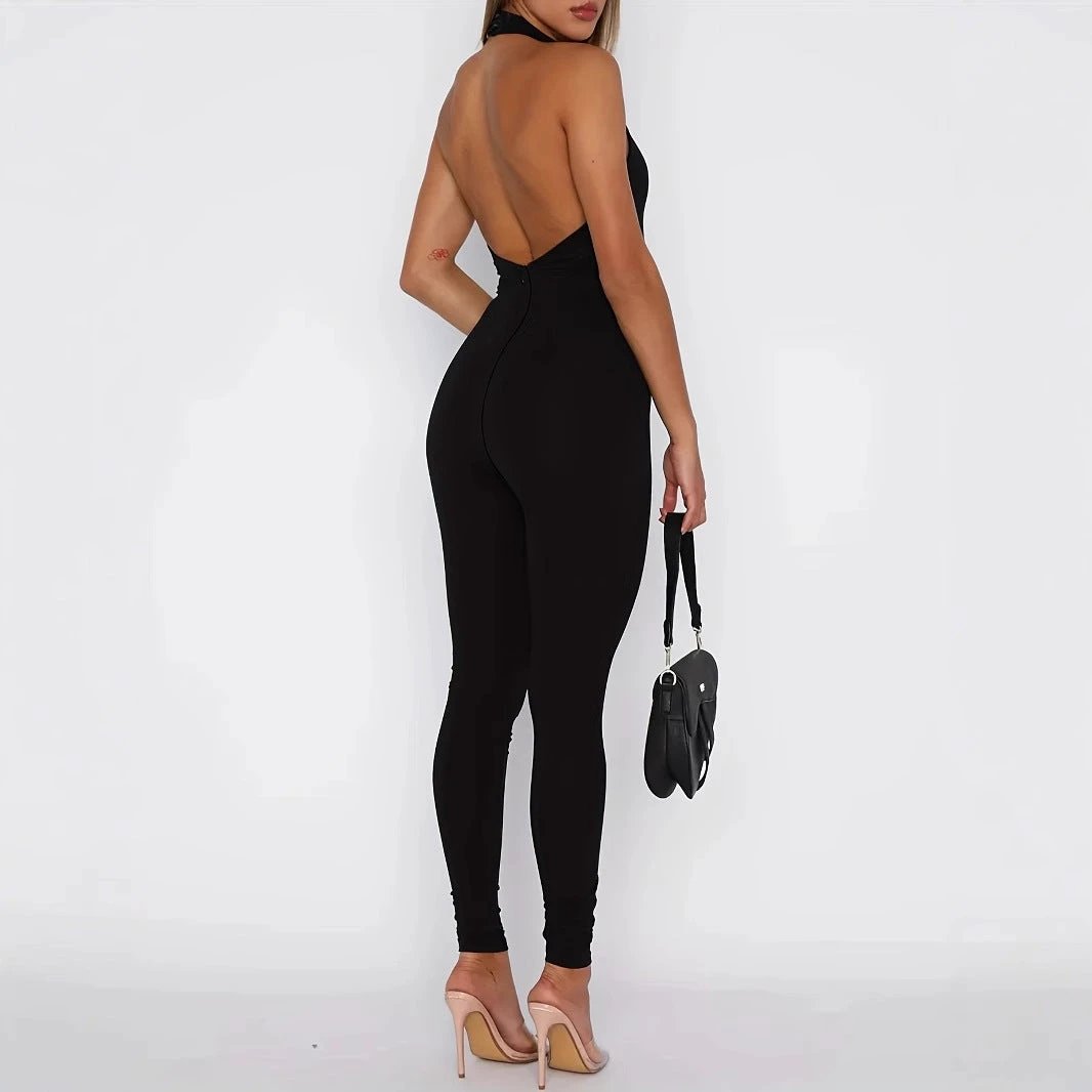 Women's Pure Color Halter Backless Sexy Slim-fit Jumpsuit Trousers by GJG Denim