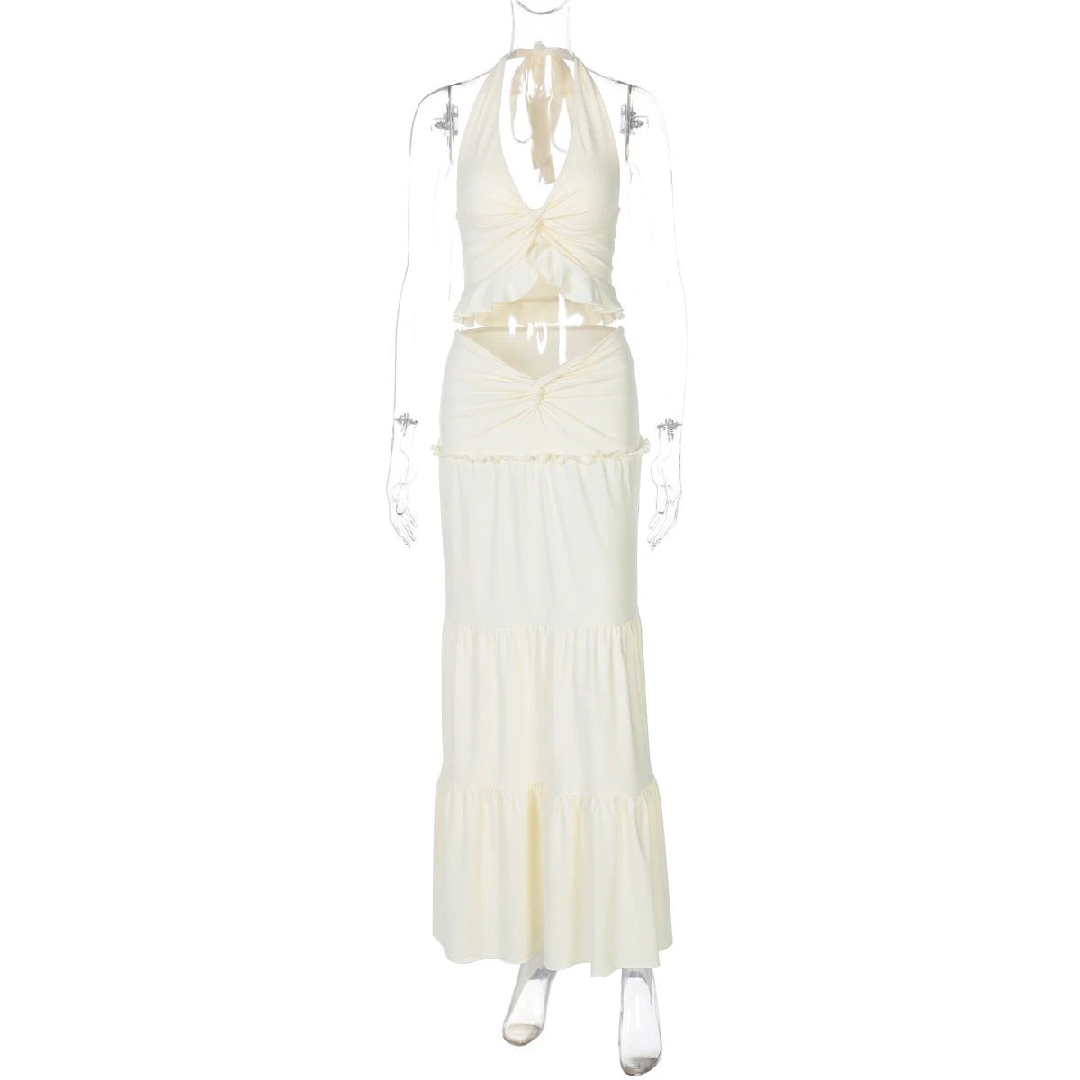 Women's V-neck Ruffled Halter Spaghetti Straps Detail Twisted Dress Suit by GJG Denim