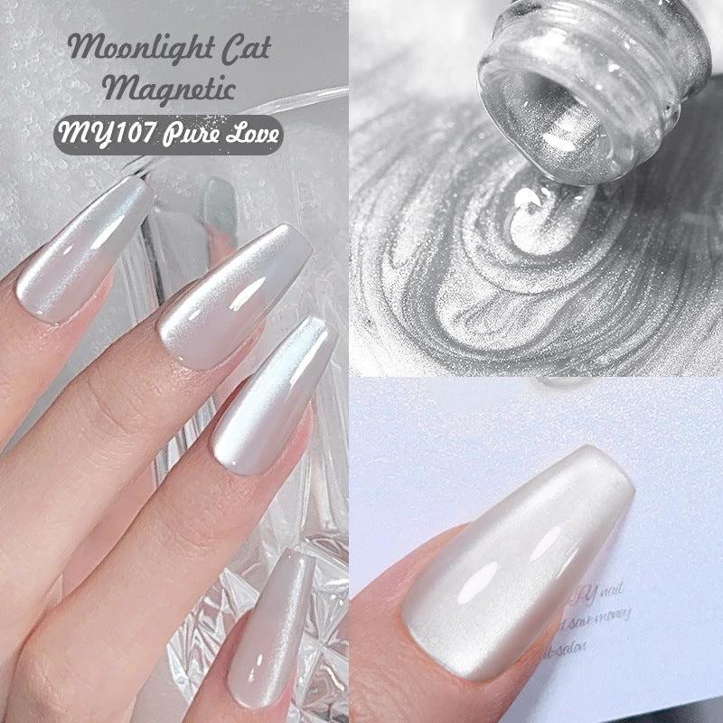 Mirror Porcelain White Cat's Eye White Moonlight Gel Nail Polish by GJG Denim