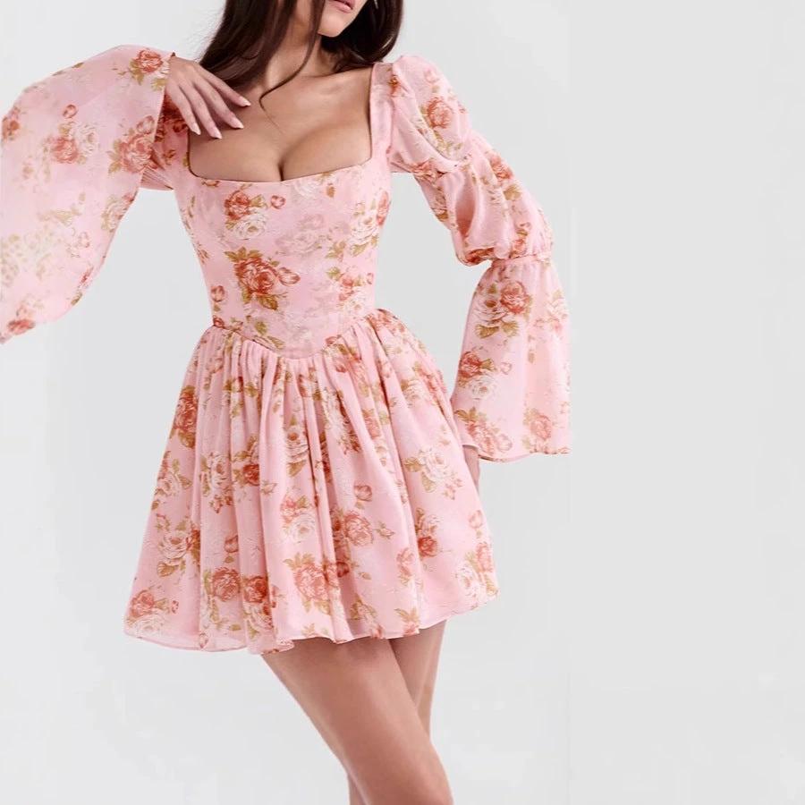 Floral Printed Pleated Long Bell Sleeve Short Dress by GJG Denim