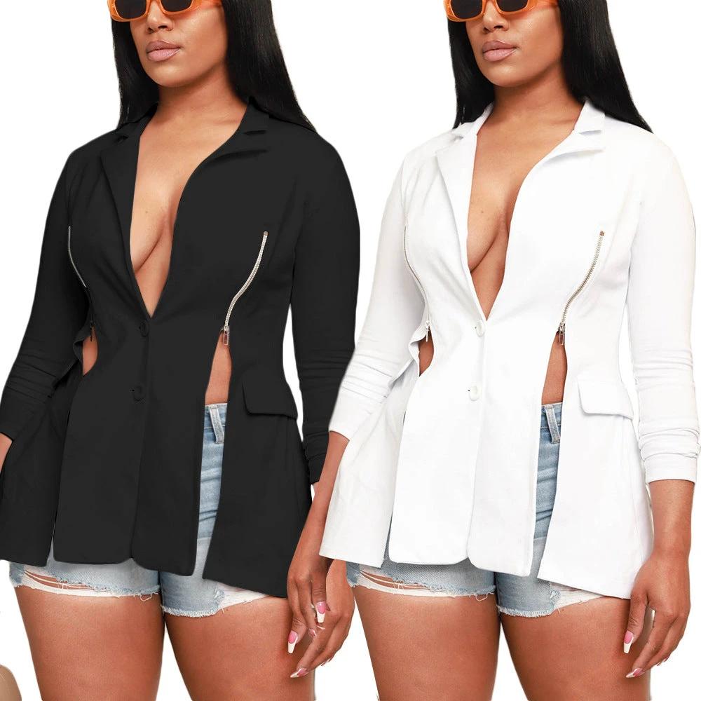 Fashionable With Side-slit Long-sleeve Zipper Lapel Suit by GJG Denim