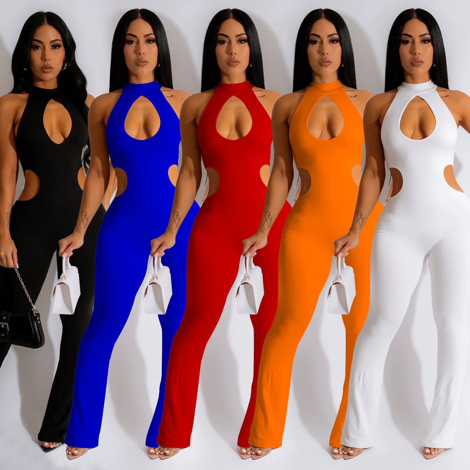 Women's Solid Color Sexy Halter Hollow-out Jumpsuit by GJG Denim