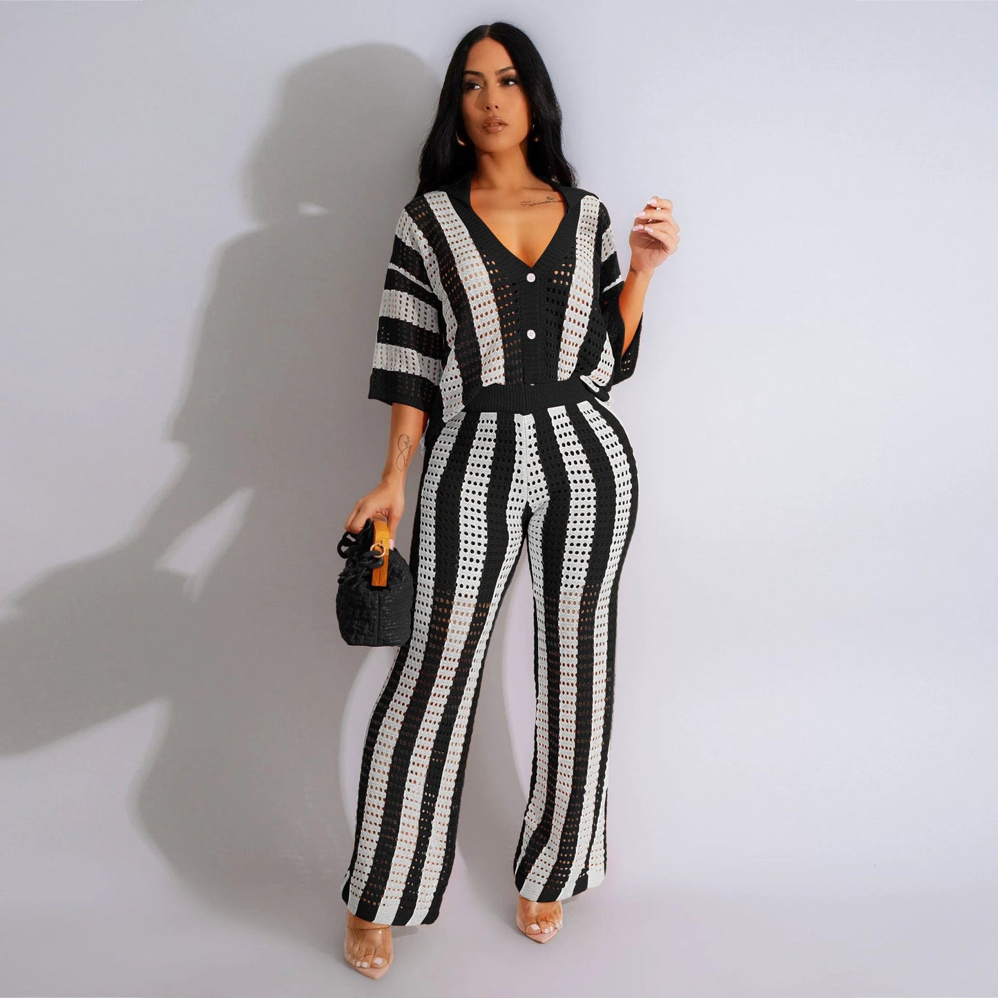 V-neck Striped Knitted Blouse And Pants by GJG Denim