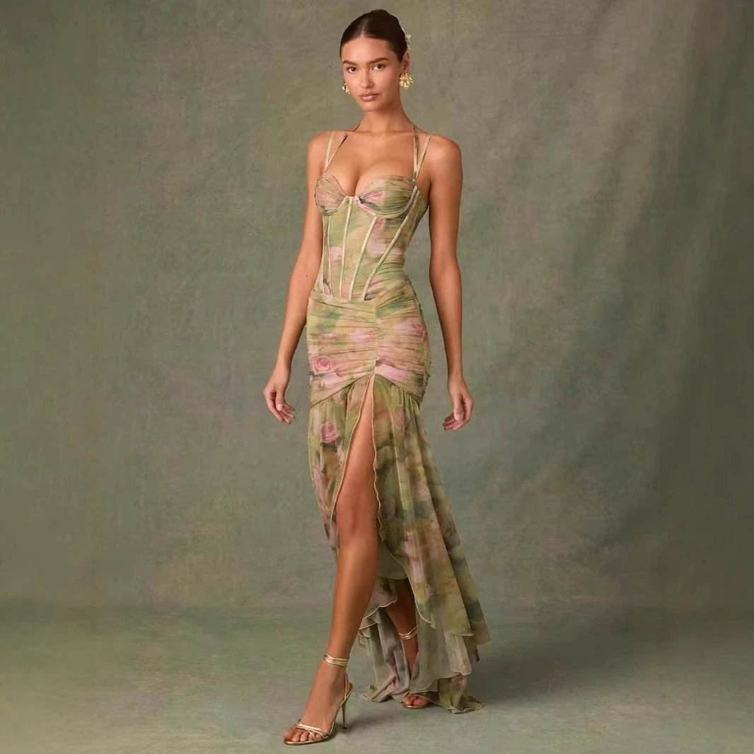 Sling Pleated Print Fishbone Waist Split Sheath Fishtail Fairy Dress by GJG Denim