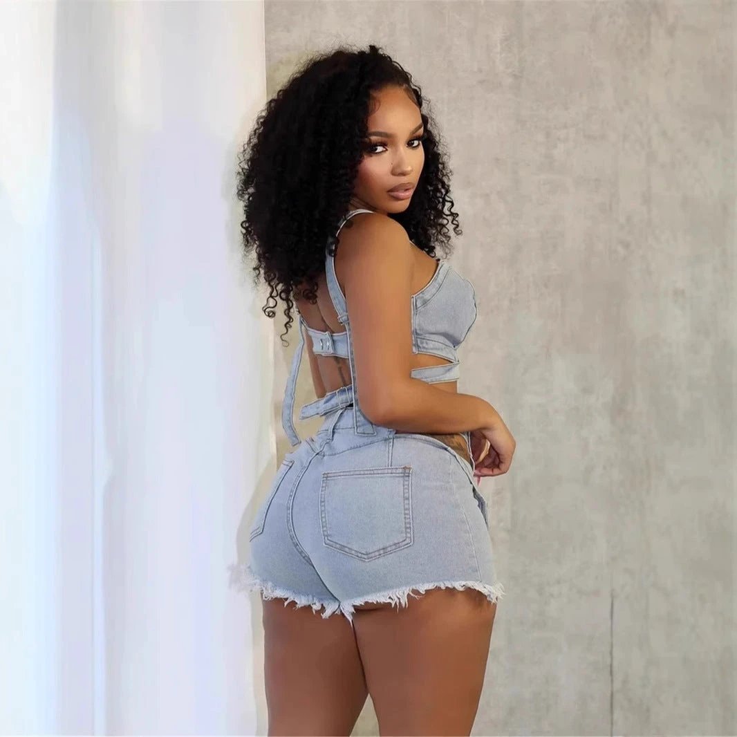 Washed Elastic Denim Casual Vest Shorts Set by GJG Denim