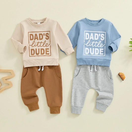 Boys' Letter Printed Long-sleeved Pullover Sweater Solid Color Trousers Two-piece Set by GJG Denim