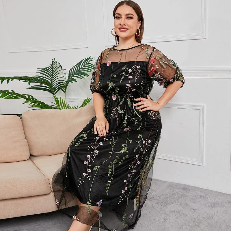 Plus Size French Hepburn Dress Women Mesh Embroidered Banquet Party Maxi Dress by Lady Ros