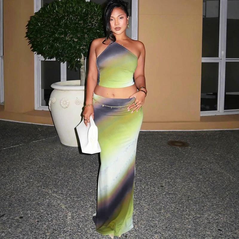 Female Gradient Color One Shoulder Backless Casual Slim Fit Long Dress Suit by GJG Denim