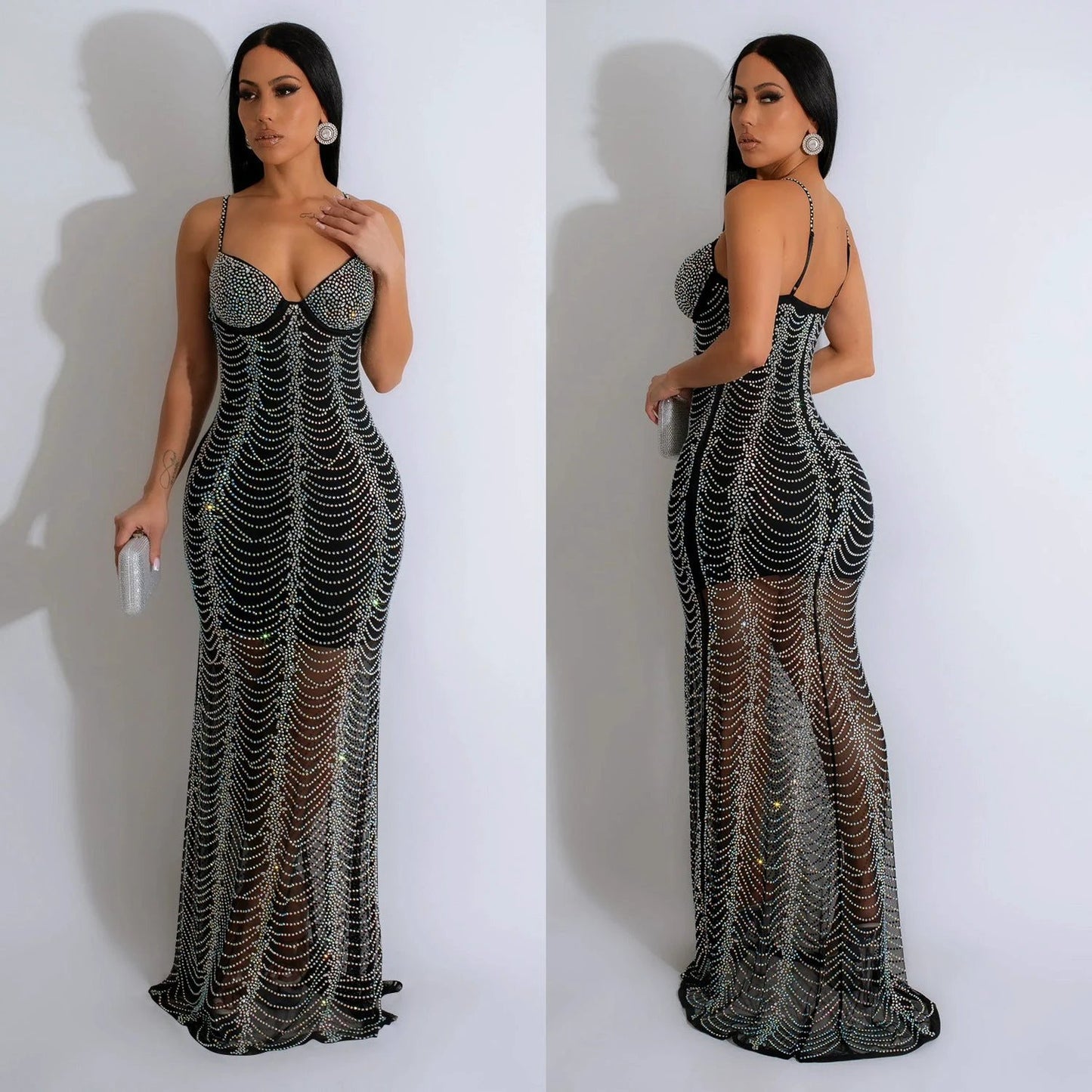 European And American Fashion Women's Pure Color Mesh Rhinestone Strap Dress by GJG Denim
