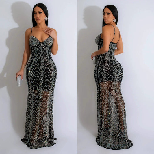 European And American Fashion Women's Pure Color Mesh Rhinestone Strap Dress by GJG Denim