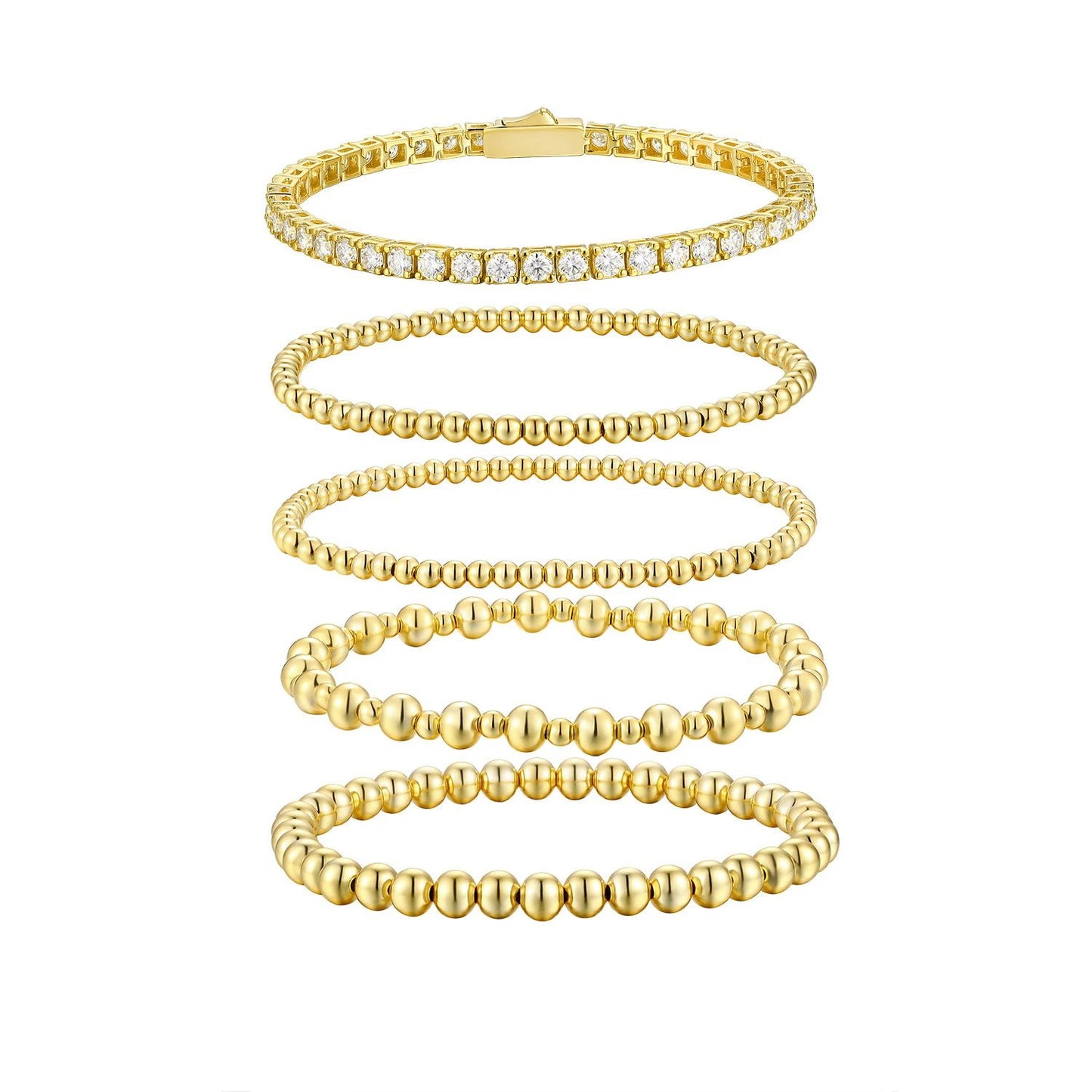 Moissanite Round Beads Classic Style Gold Twin 5-piece Bracelet Set Does Not Fade by GJG Denim