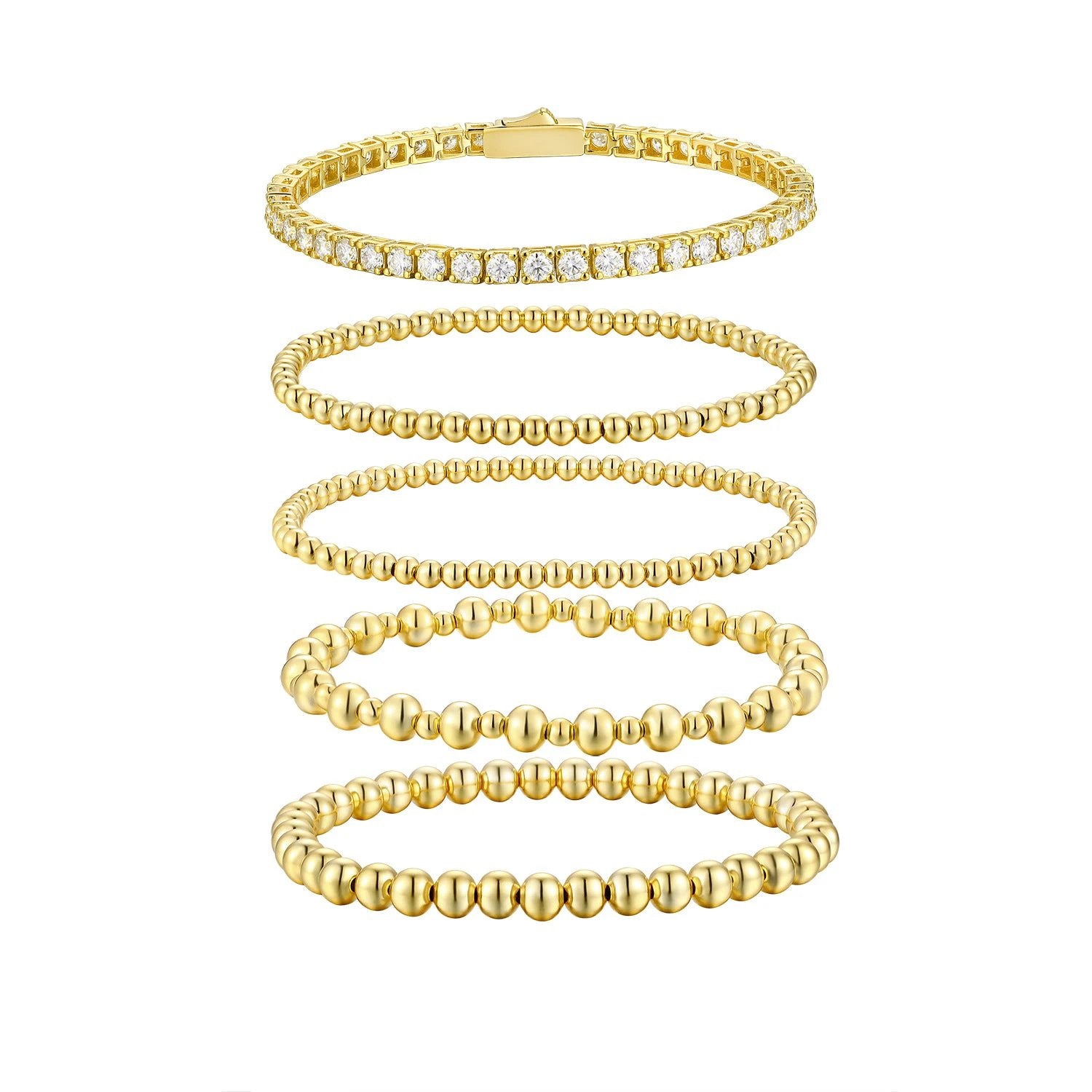 Moissanite Round Beads Classic Style Gold Twin 5-piece Bracelet Set Does Not Fade by GJG Denim