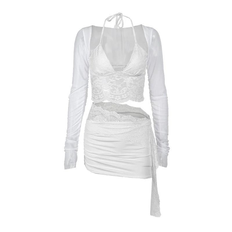 V-neck Lace Mesh Long Sleeve Cover and Cami Skirt Set by GJG Denim