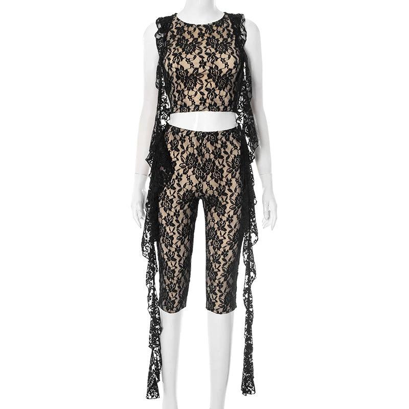Lace See-through Sleeveless Top Hip-lifting Casual Pants Two-piece Set by GJG Denim